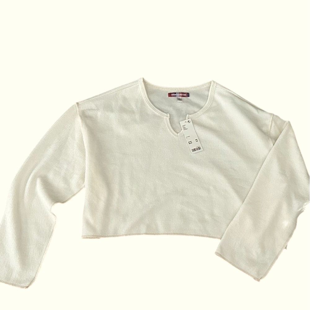 Urban Outfitters Off White Long Sleeve Cropped Lightweight Sweater